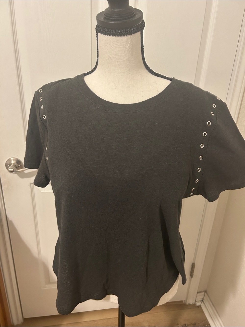 Vici Black Short Sleeve Tee with Eyelet Trim, Sz. M, Color Dark Gray.